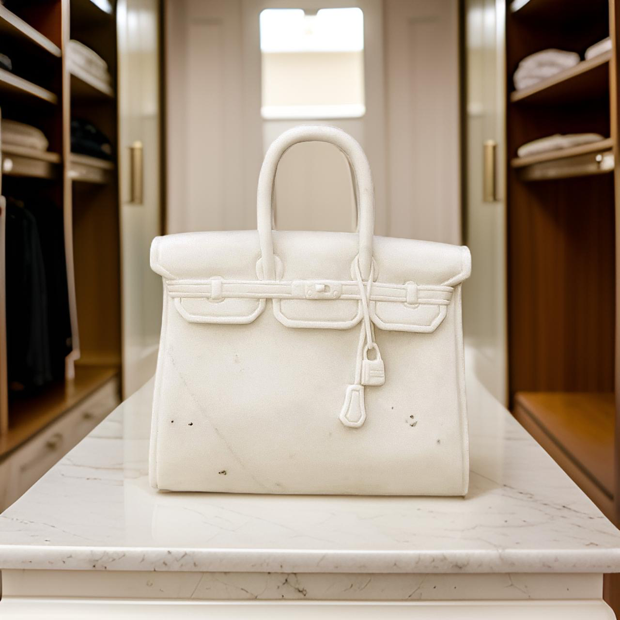 Marble Sculpture of The Princess by Currey and Company on ChicHomeVibes.com, showcasing a white marble replica Hermes Birkin Bag. This elegant piece emulates the iconic Hermes Birkin, capturing its distinctive style and luxury, perfect for chic home decor enthusiasts.  Showcased in a walk in closet on a marble countertop.